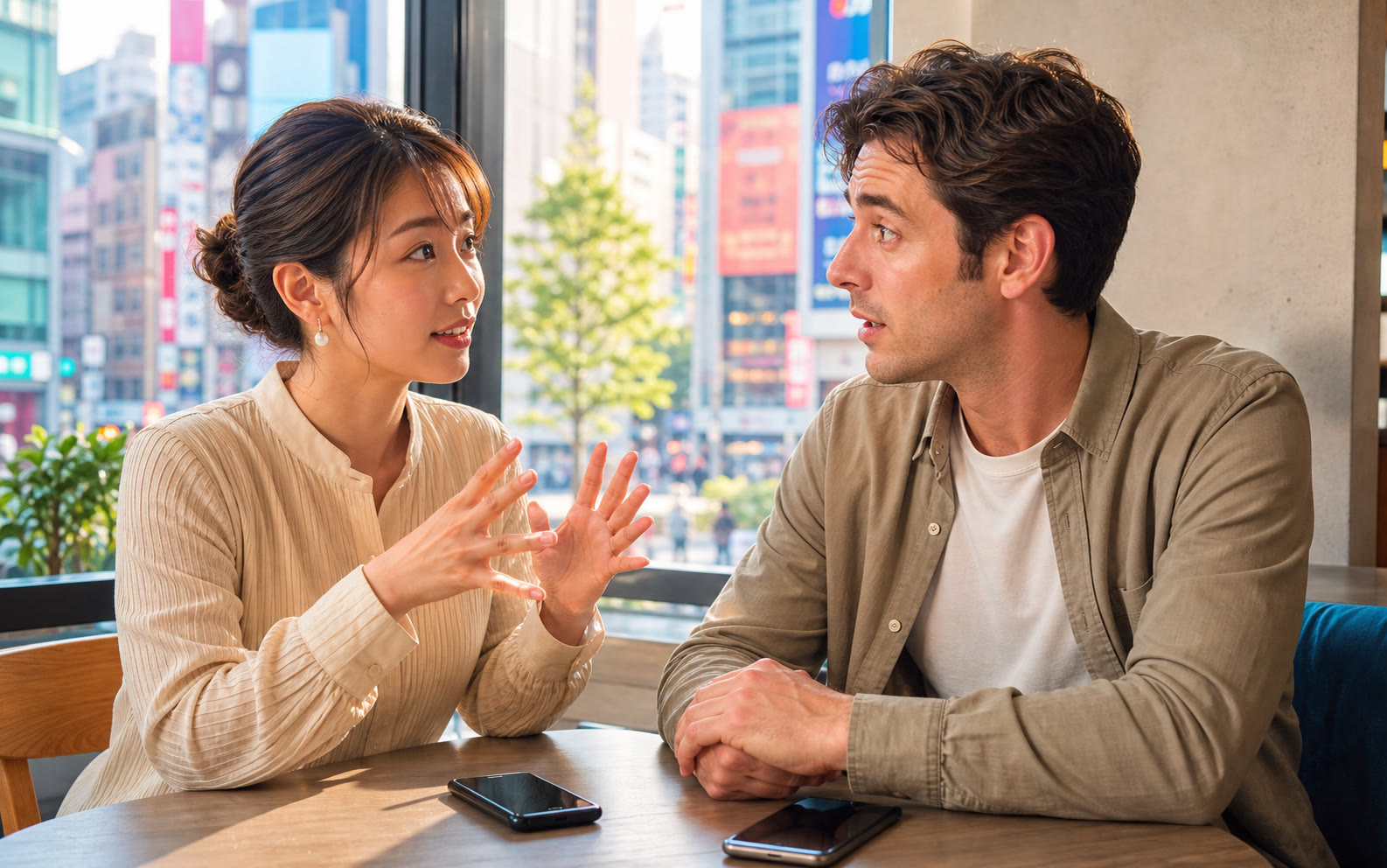 Two adults having a clear, expressive conversation in a bright Tokyo cafe