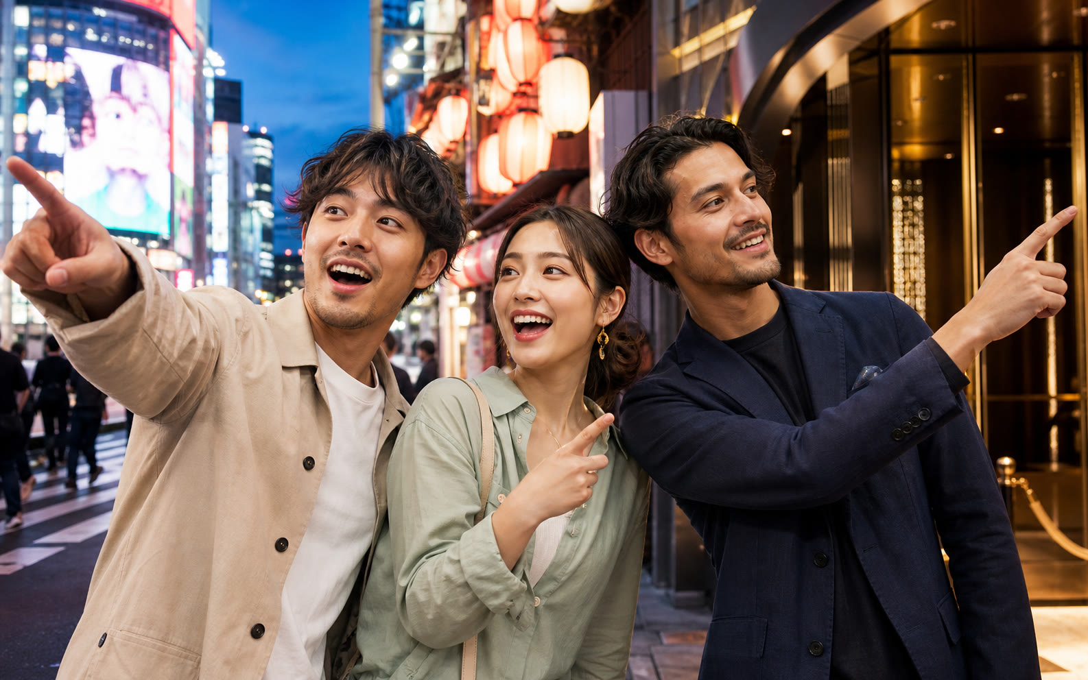 Four expressive adult friends comparing bright Tokyo nightlife districts