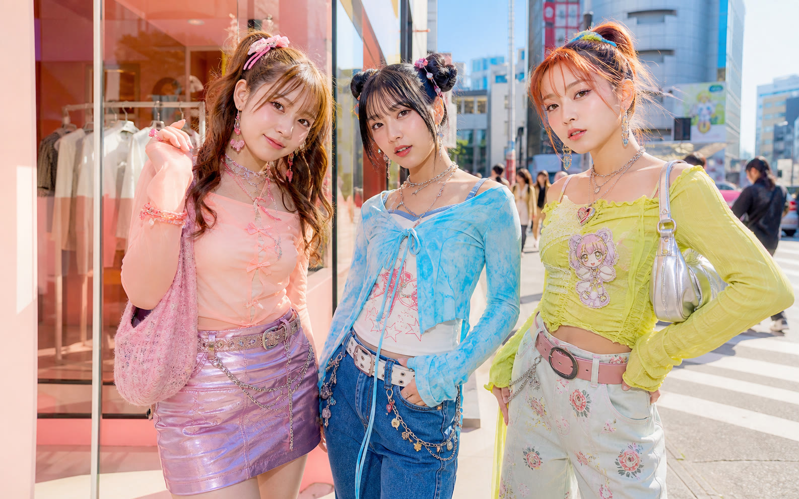 Three stylish adult women displaying colorful 2026 Tokyo fashion details in bright daylight