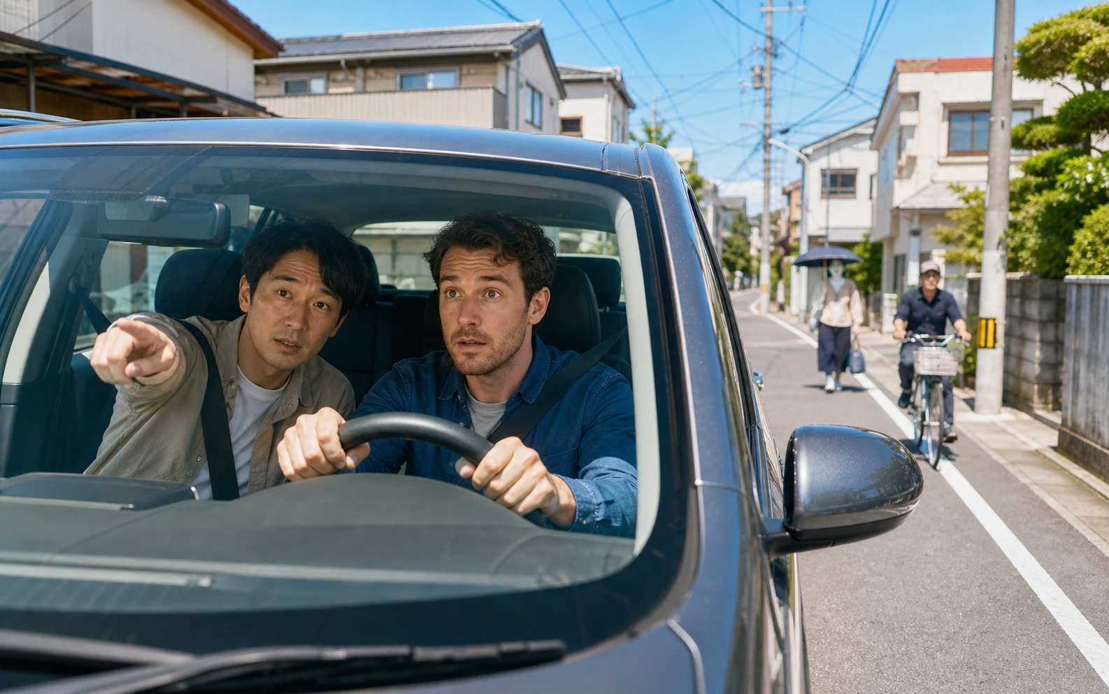 Two adult visitors driving cautiously on a narrow Japanese residential road in bright daylight