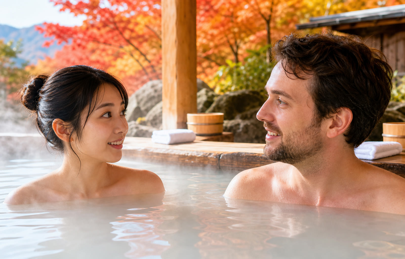 An adult Japanese woman and adult international man bathing respectfully in a bright mixed-gender outdoor onsen