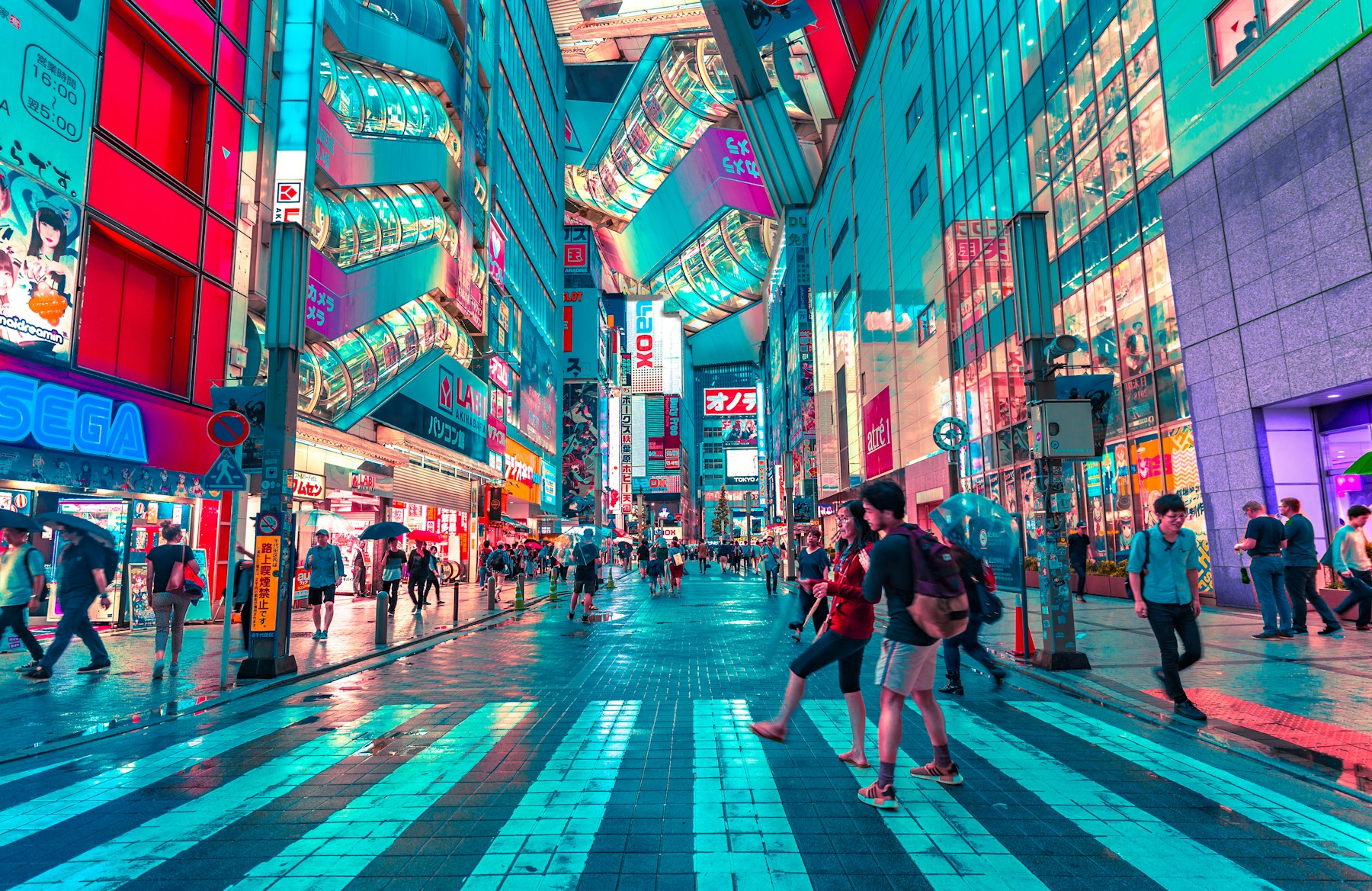 A vivid evening street scene in Akihabara, Tokyo