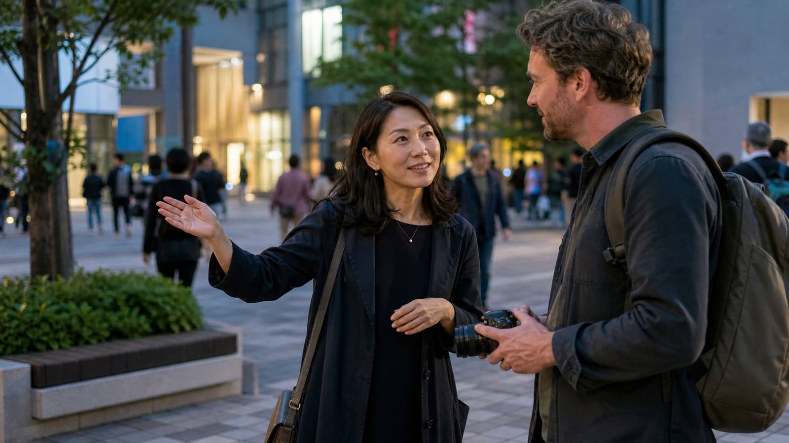 An adult Japanese woman guiding an attentive international visitor through a respectful everyday interaction in Tokyo