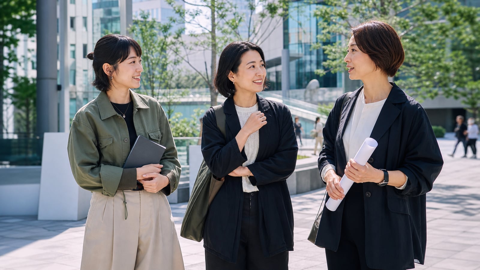 Three adult Japanese women with distinct contemporary styles talking together in Tokyo