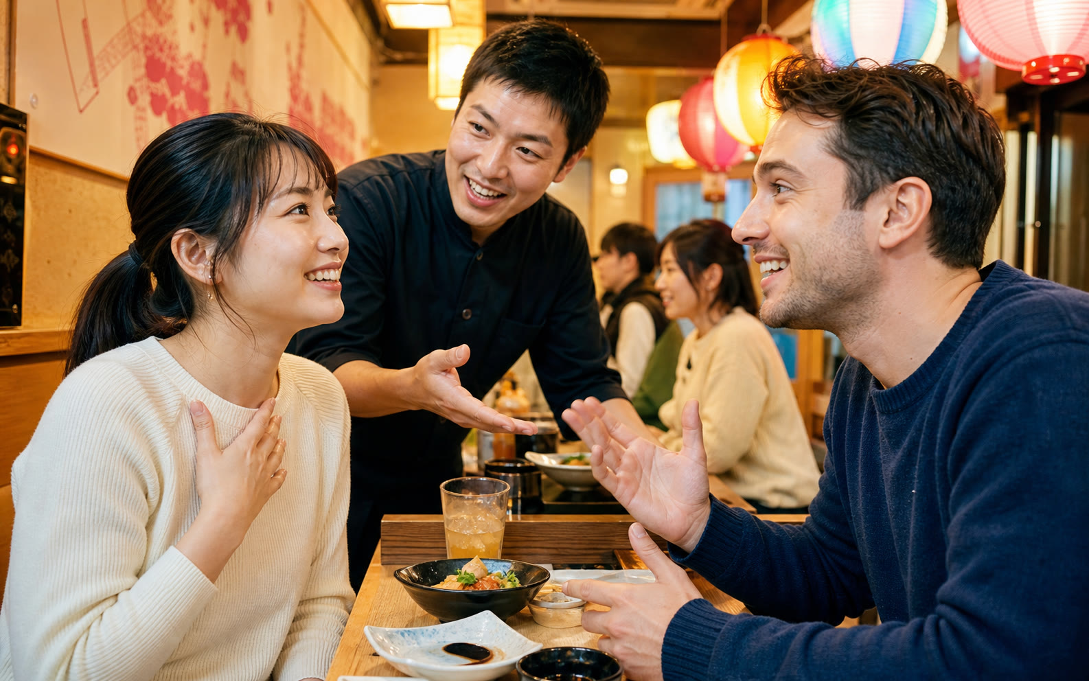 Adults being introduced during a friendly conversation at a bright Tokyo izakaya