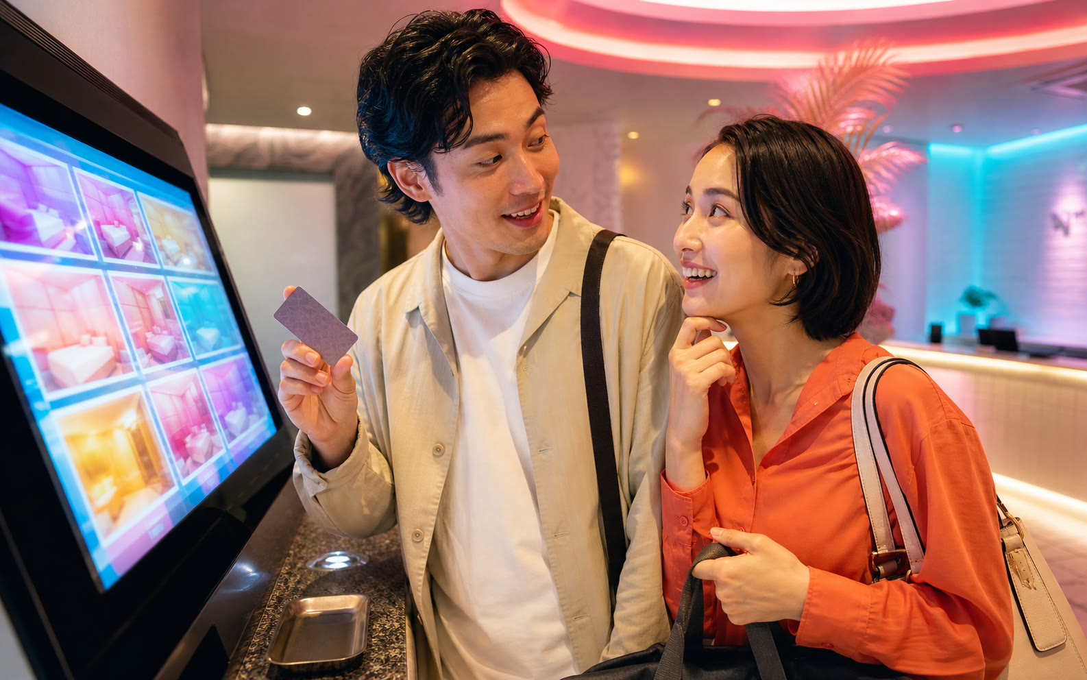 An adult couple checking clear hotel information in a bright neon Tokyo lobby