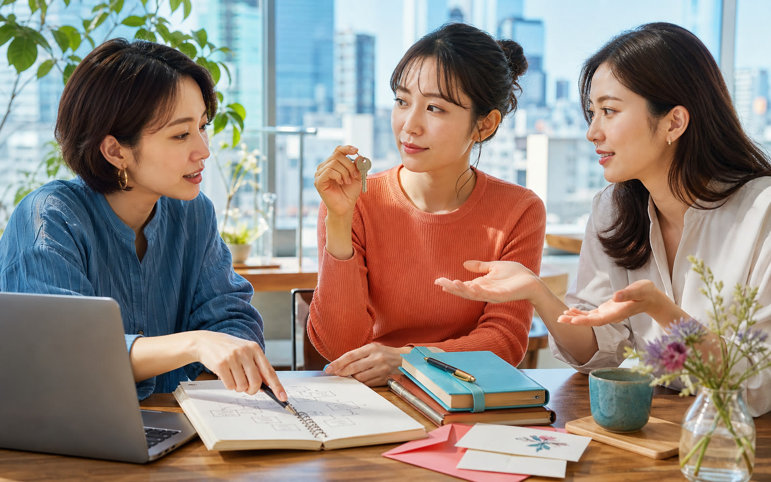 Two adult Japanese women confidently discussing career and family choices in a bright modern setting