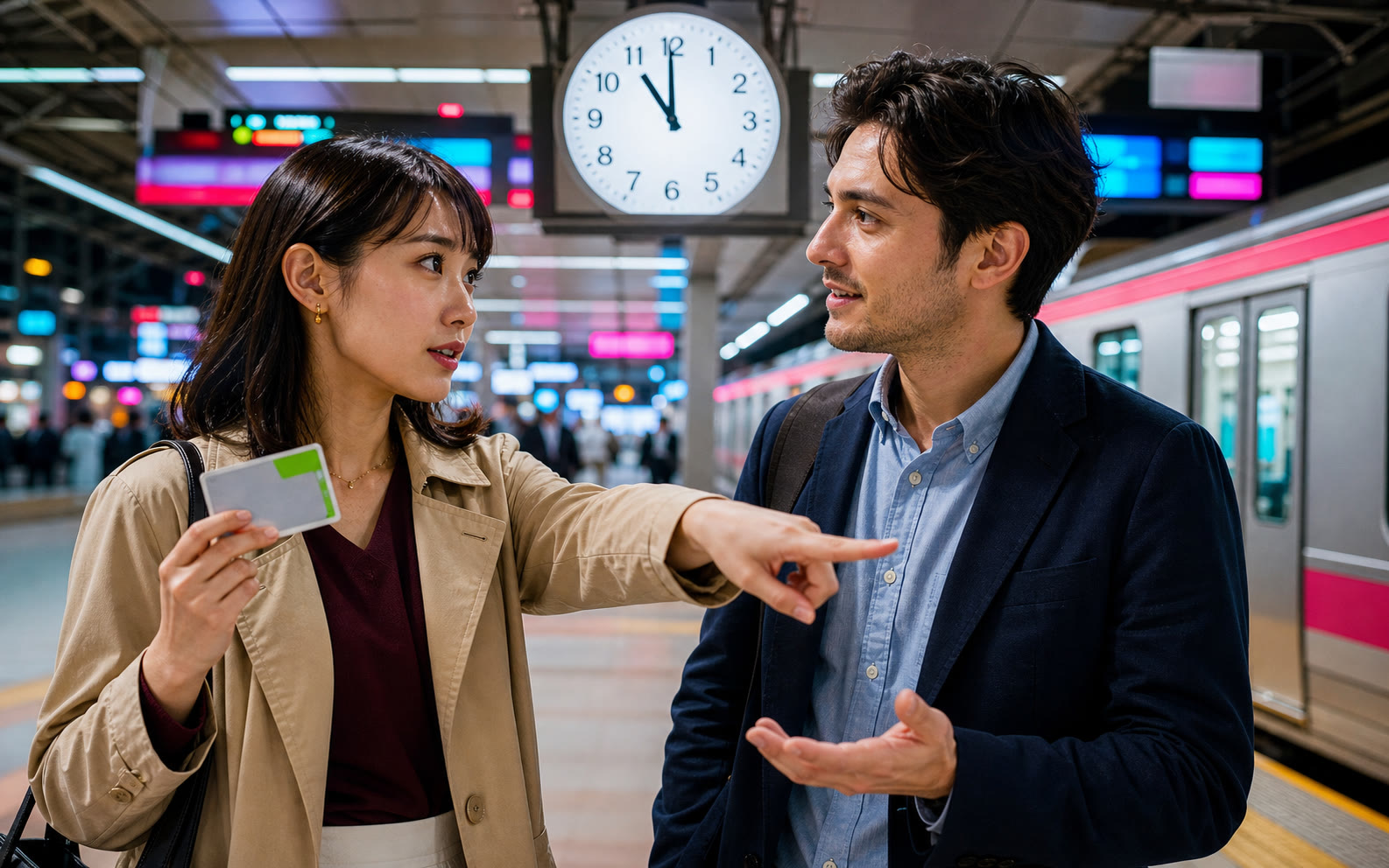 Two adults clearly discussing plans beside a bright Tokyo train-station clock at night