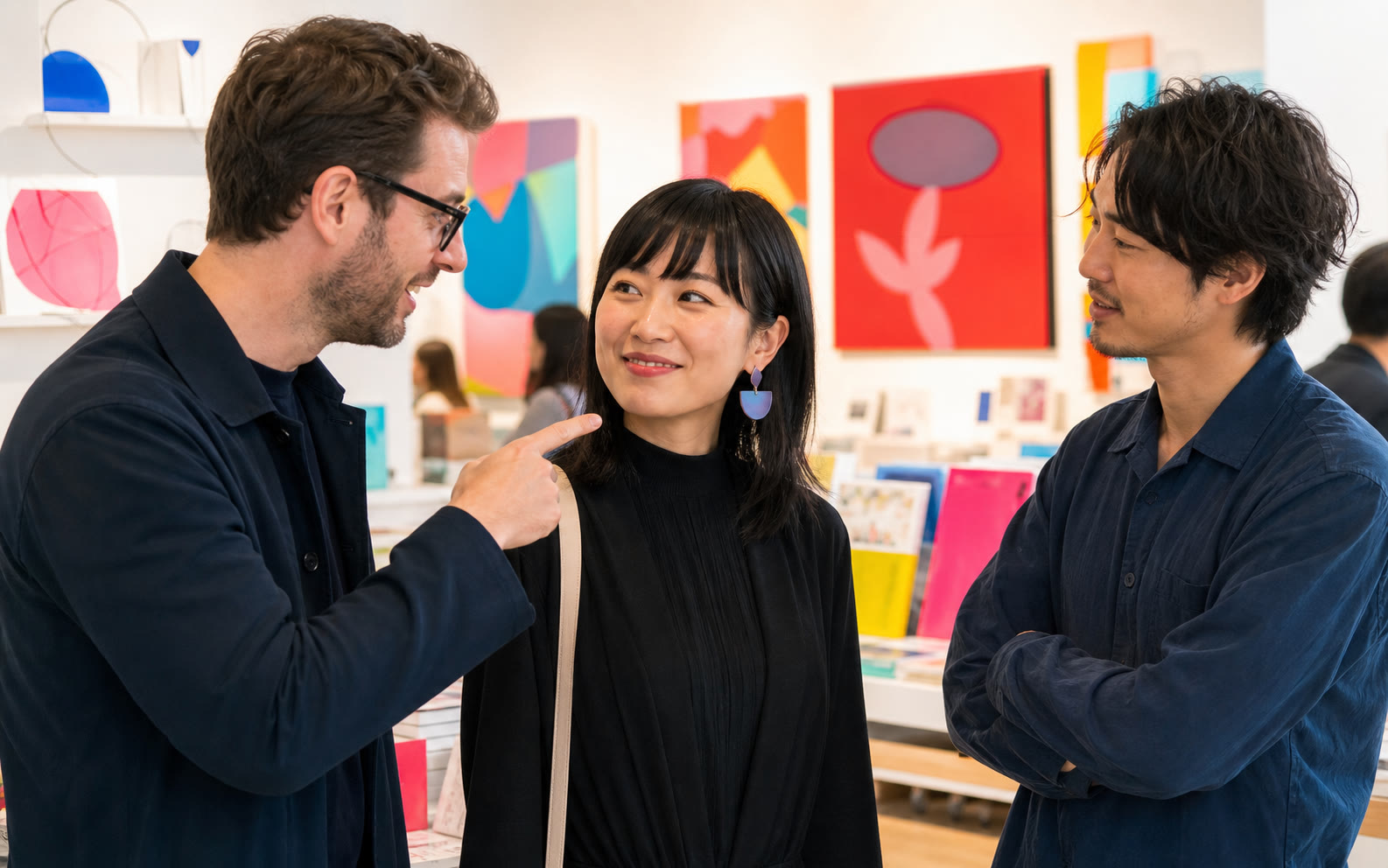 Two adults smiling during a respectful compliment about a colorful jacket in bright Tokyo daylight