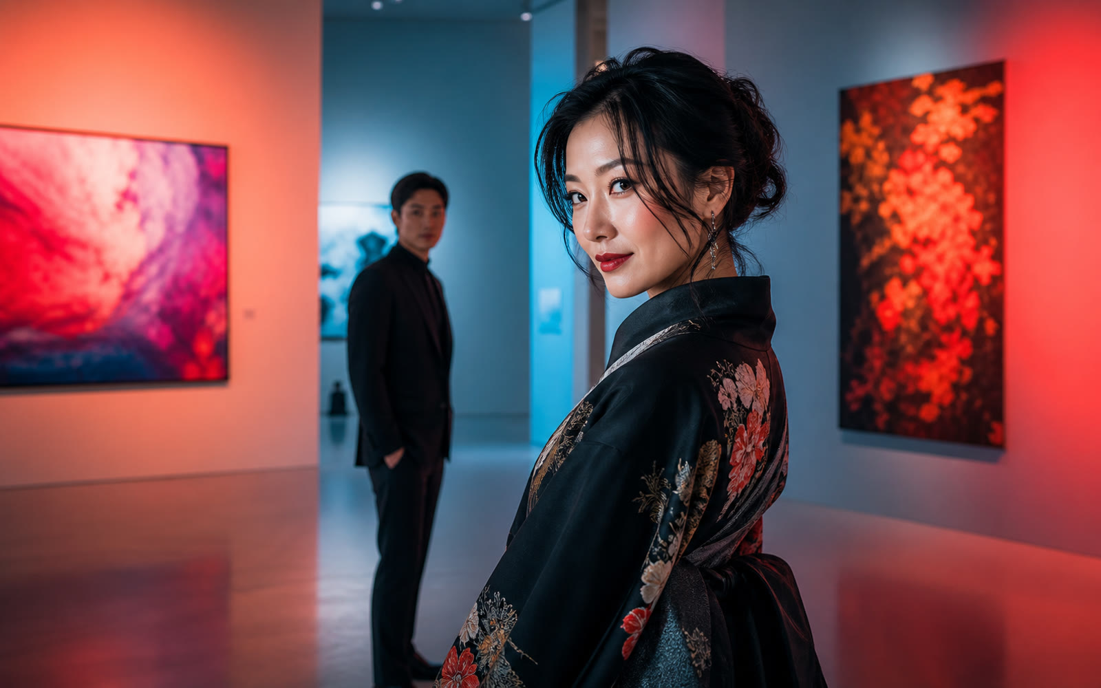 A poised adult Japanese woman creating a magnetic sense of presence in a vivid Tokyo art gallery