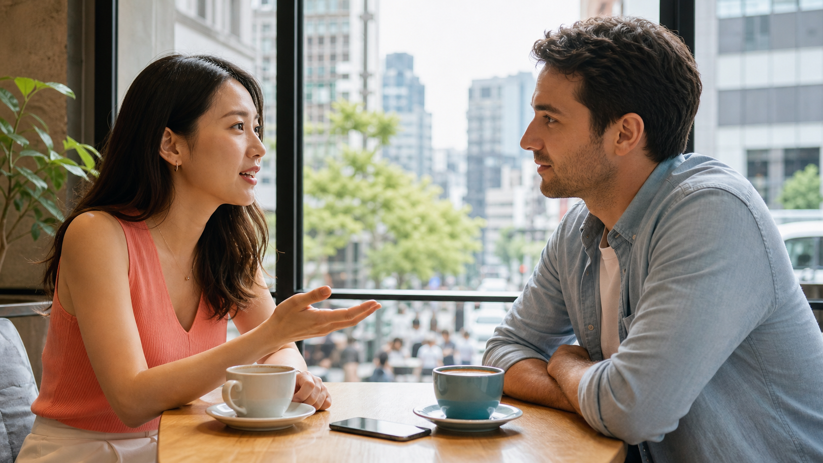 Two adults clearly discussing their relationship during a daylight date in a Tokyo cafe