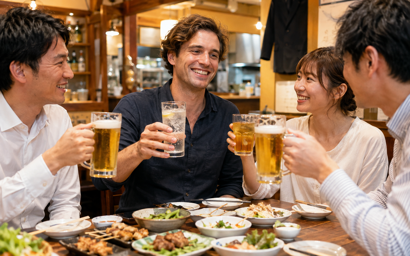 An adult international visitor cheerfully joins a Japanese izakaya toast with sparkling water while adult friends hold varied drinks