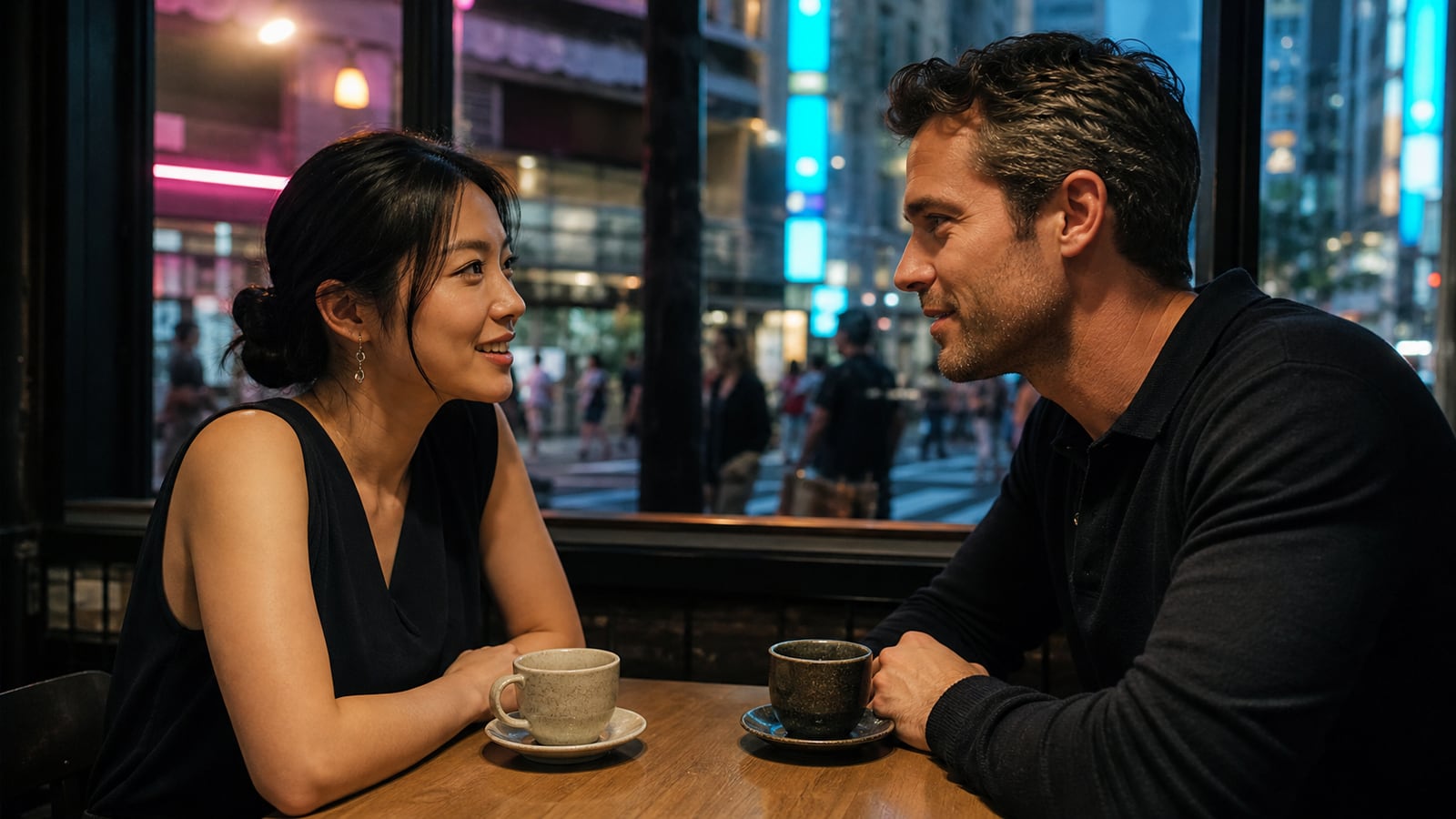 An adult Japanese woman and an international visitor enjoying a reciprocal first date at a Tokyo cafe