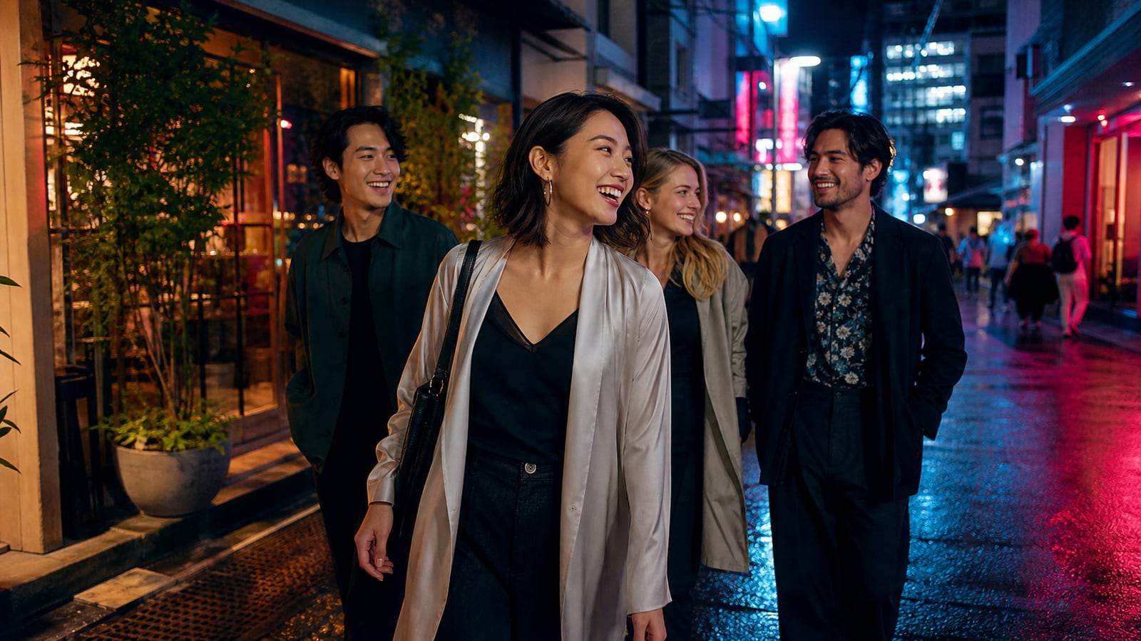 An expressive adult Japanese woman and friends entering a vibrant but safe Tokyo nightlife street